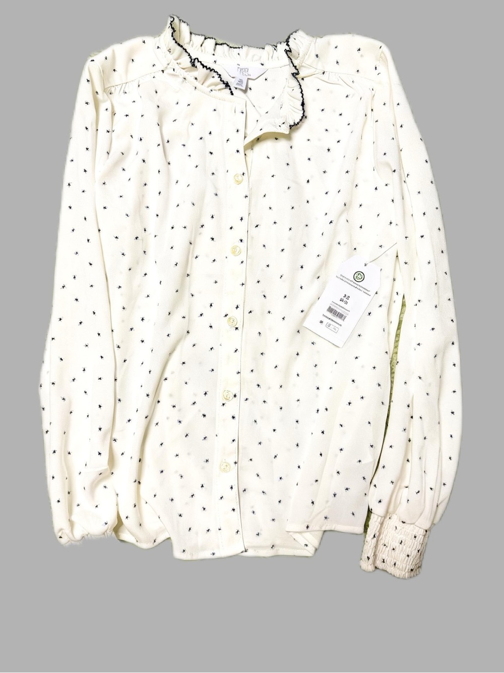 NWT Time and Tru Cream Button-Down Shirt with Blue Designs Soft Work Size XS 0-2